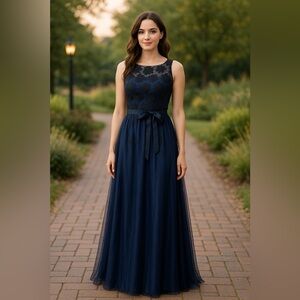 Aidan Mattox Blue Black Lace Tulle Sleeveless Evening Gown Maxi Dress Size 6